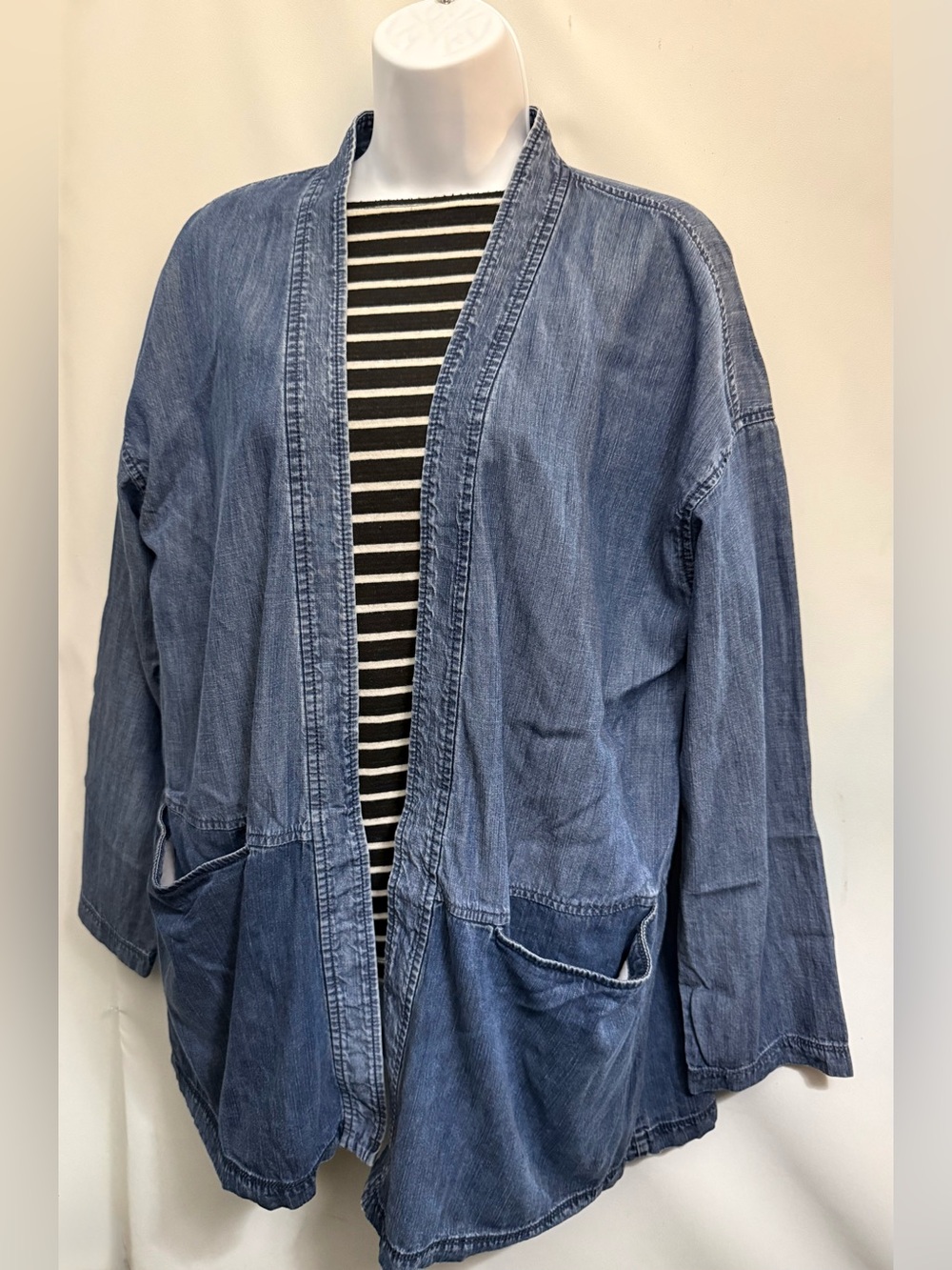 $258 EILEEN FISHER Open Kimono Jacket M Tencel Colorblock Midnight Denim - Picture 8 of 13